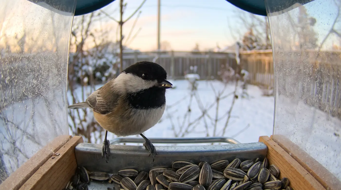 Black-capped chickadee on a bird feeder camera tray at sunrise – the view a smart bird feeder records